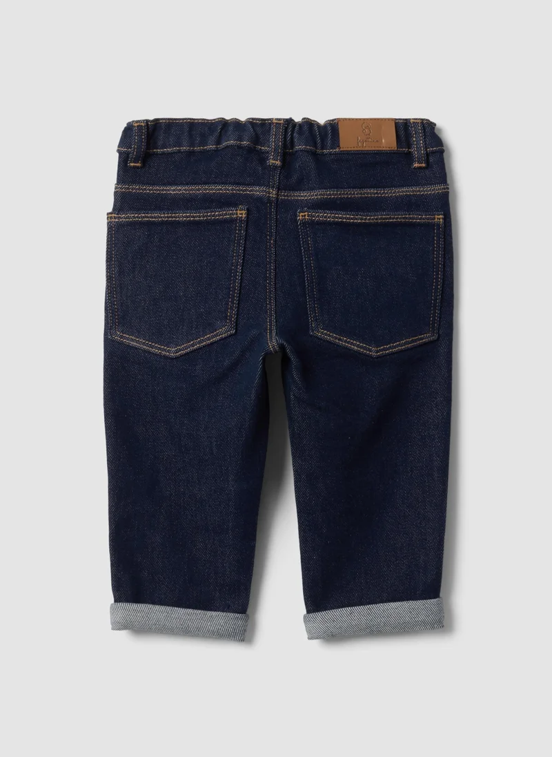 او في اس OVS Dark Blue Stretch Cotton Denim Jeans With Turn-Up Cuffs For Baby Boy