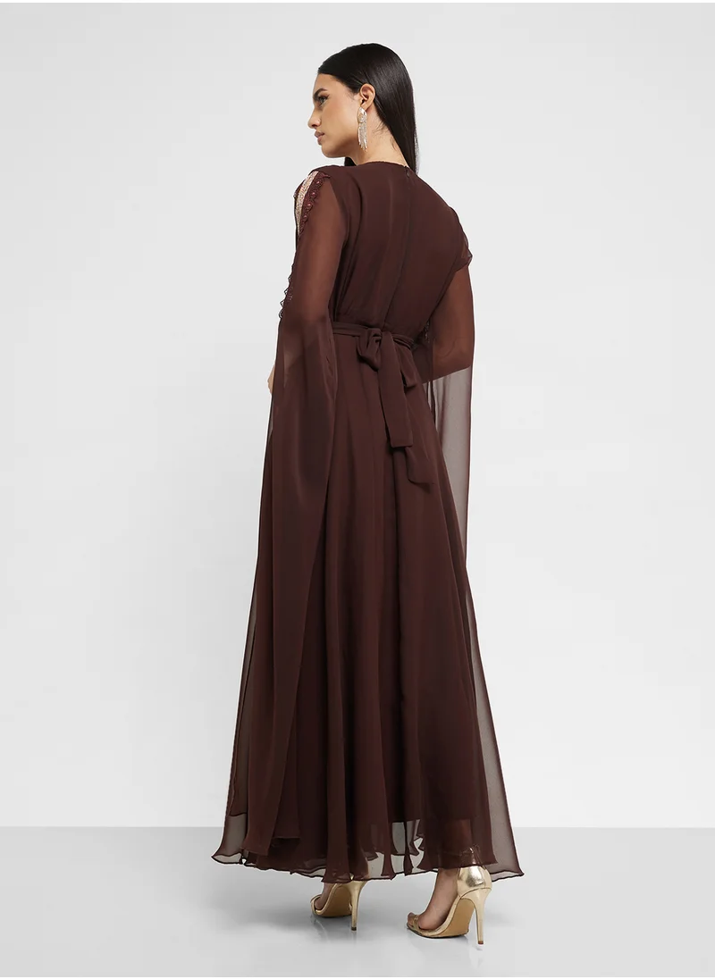 hayas closet V-Neck Embroidered Mesh Detailed Belted Dress