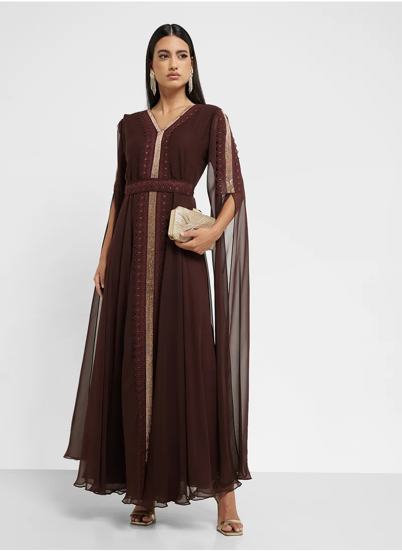 hayas closet V-Neck Embroidered Mesh Detailed Belted Dress
