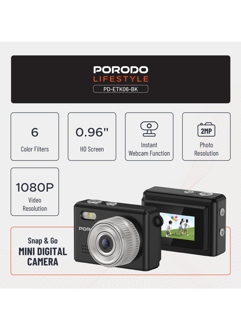 porodo Lifestyle Snap & Go Mini Digital Camera 2MP / Full HD Camera Video Resolution / Portable Camera with Lightweight / 6 Color Filters / Instant Webcam Function / AVI and JPG Format - Black  - Image 2
