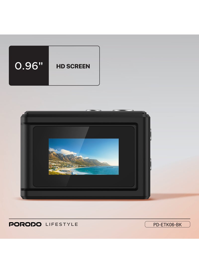 porodo Lifestyle Snap & Go Mini Digital Camera 2MP / Full HD Camera Video Resolution / Portable Camera with Lightweight / 6 Color Filters / Instant Webcam Function / AVI and JPG Format - Black  - Image 4
