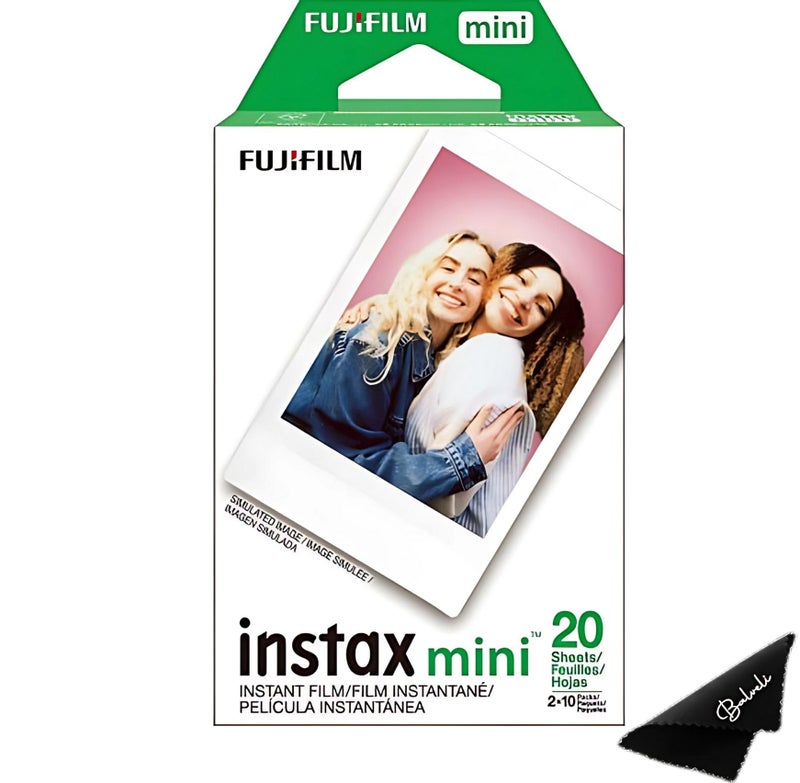 Fujifilm Instax Mini Film - Twin Pack 20 EXP Total, ISO 800, Compatible with Instax Mini Evo, 12, 11, 9 Models, Includes Balveli Premium Microfiber Cleaning Cloth - Image 1