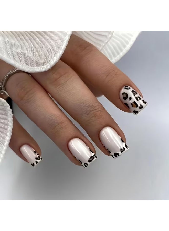 Goolsky Leopard Print Press On Nails, Short Square Glue On Nails, Glossy Fake Nails For Women And Girls, 24 Pcs - Image 1