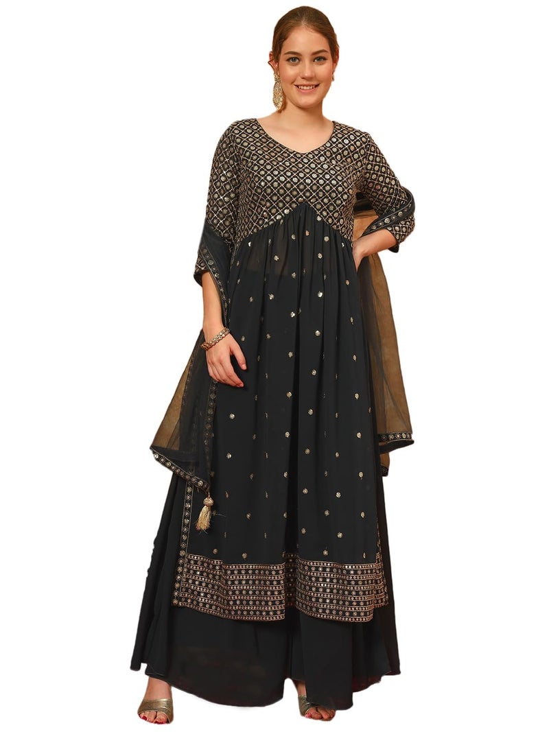 SHOPPING QUEEN Women's Georgette Embroidered Kurta and Palazzo Set (A599_Granite Grey_S) - Image 1