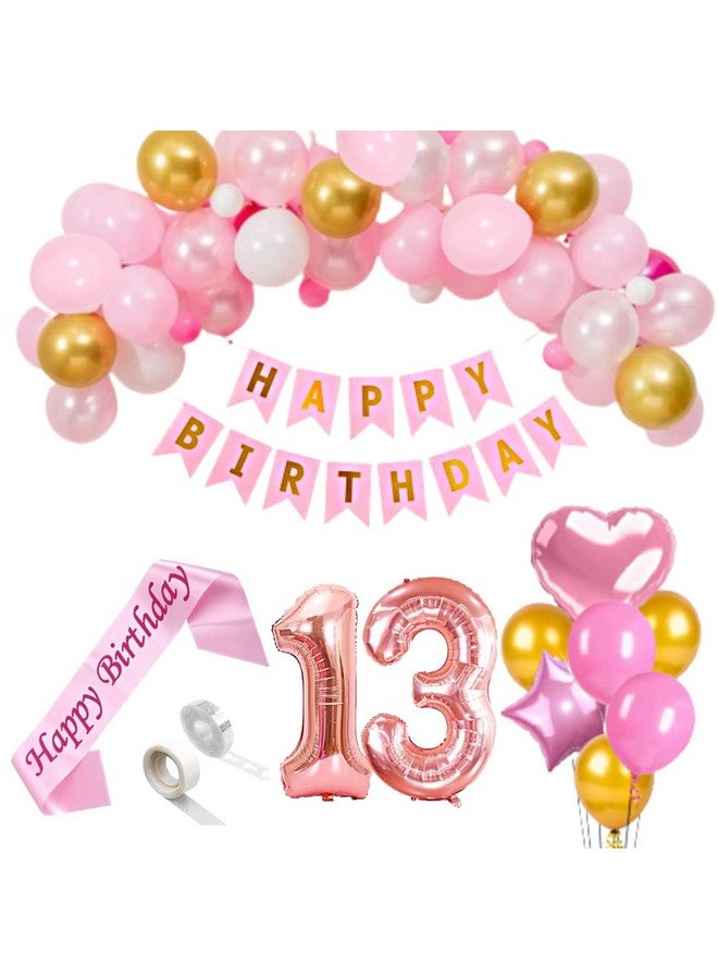FI - FLICK IN 48 pcs 13th Birthday Decoration for Girls Number 13 Foil Balloon Arch Garland Kit for Birth Day Sash for Princess Party Happy 13th Birthday Decoration (Pack of 48, Gold & Pink) - Image 1