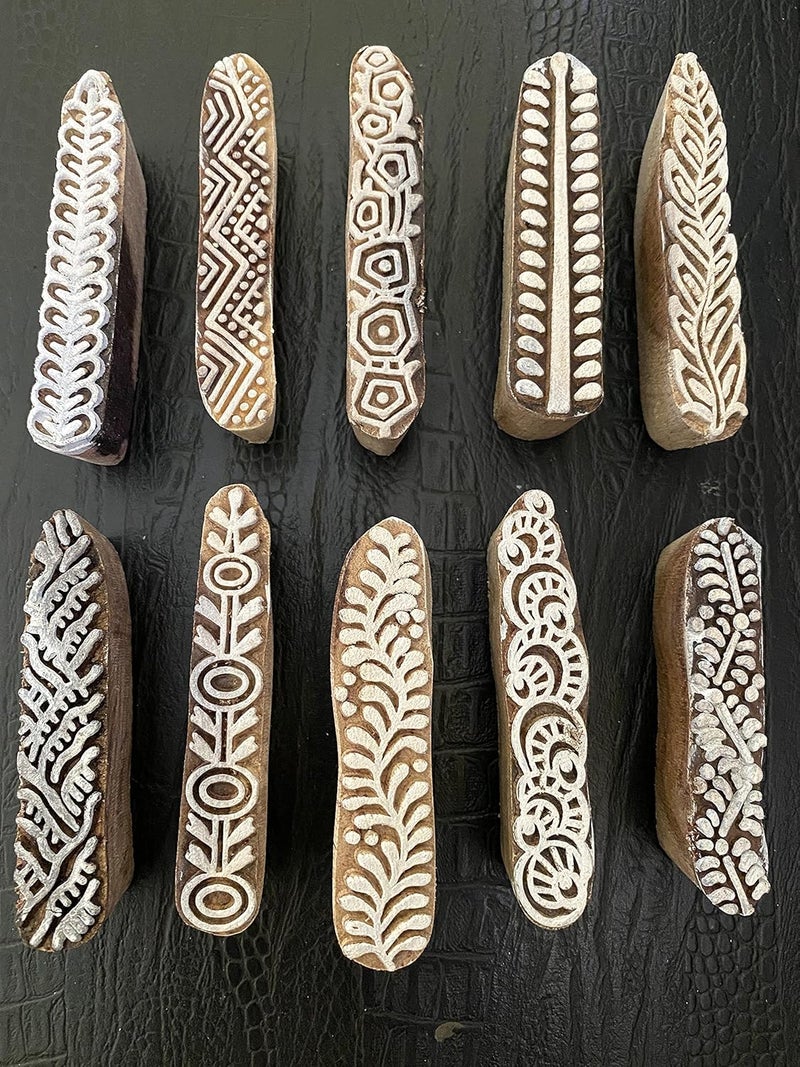 AnNafi ® Mehendi Print Blocks| Border Pattern Wooden Stamps (Set of 10)| Fabric Wooden Stamps Border Pattern Printing Blocks| Designer Craft for Mehandi Textile Pottery Saree Border Canvas Painting | - Image 3