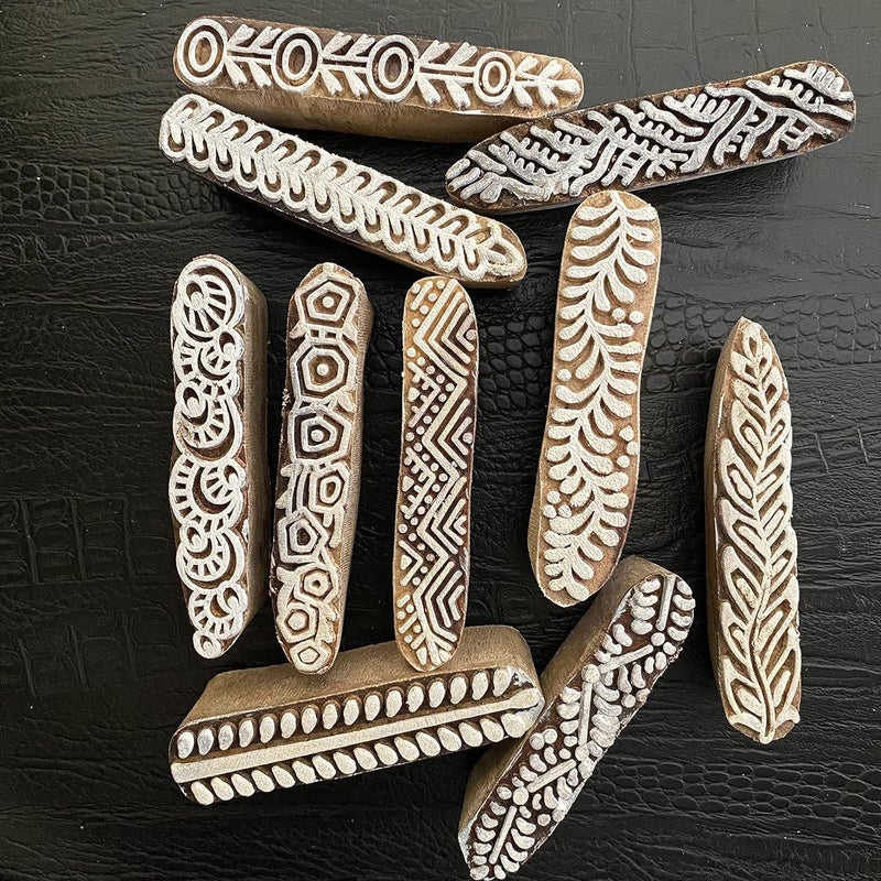 AnNafi ® Mehendi Print Blocks| Border Pattern Wooden Stamps (Set of 10)| Fabric Wooden Stamps Border Pattern Printing Blocks| Designer Craft for Mehandi Textile Pottery Saree Border Canvas Painting | - Image 1
