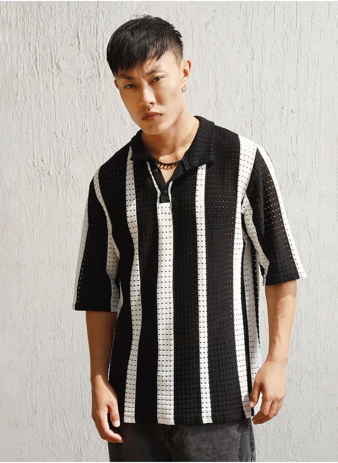 Hubberholme Eyelet Design Striped Knit Polo by Styli