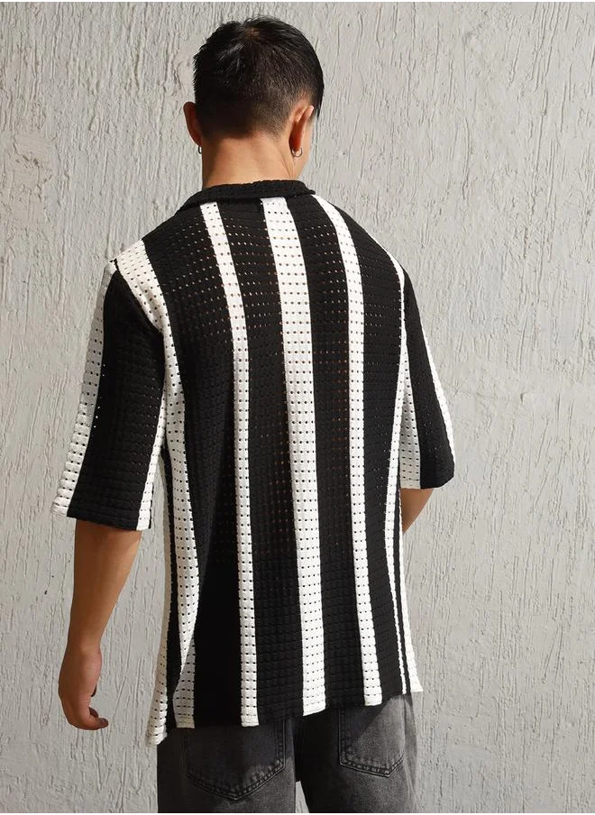 Hubberholme Eyelet Design Striped Knit Polo by Styli