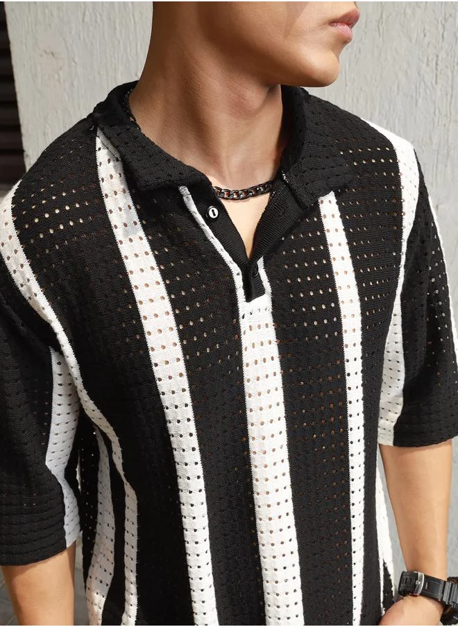 Hubberholme Eyelet Design Striped Knit Polo by Styli