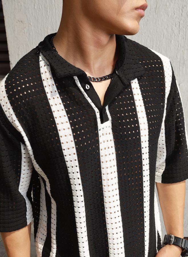 Hubberholme Eyelet Design Striped Knit Polo - Image 3