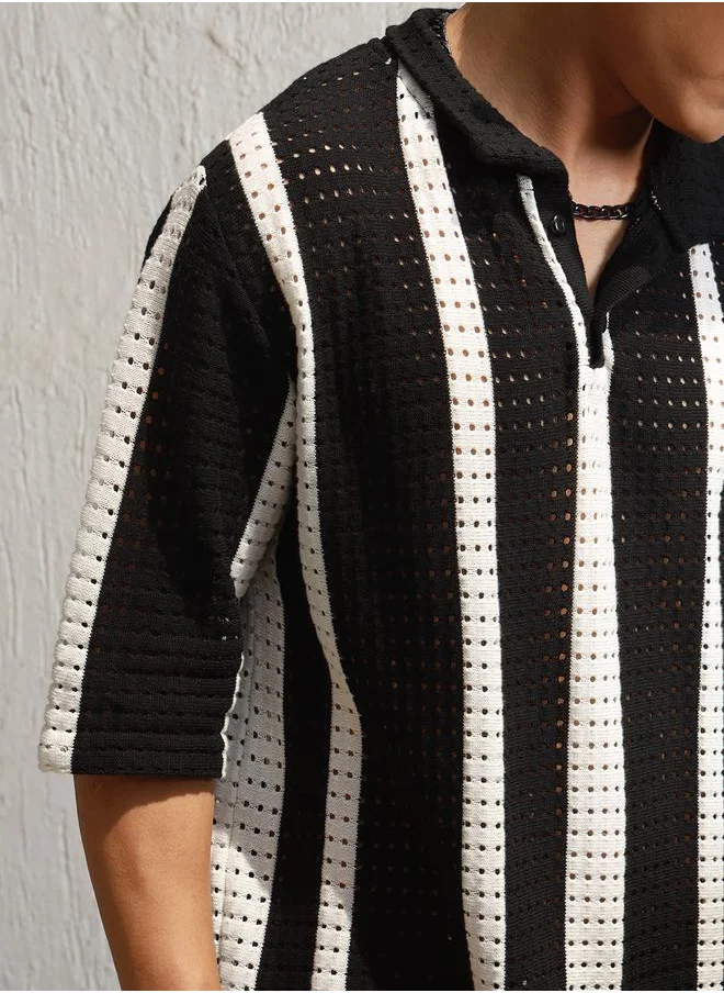 Hubberholme Eyelet Design Striped Knit Polo by Styli
