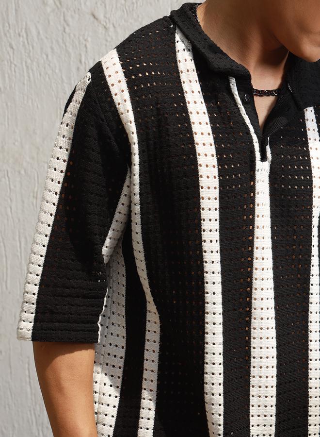 Hubberholme Eyelet Design Striped Knit Polo - Image 4
