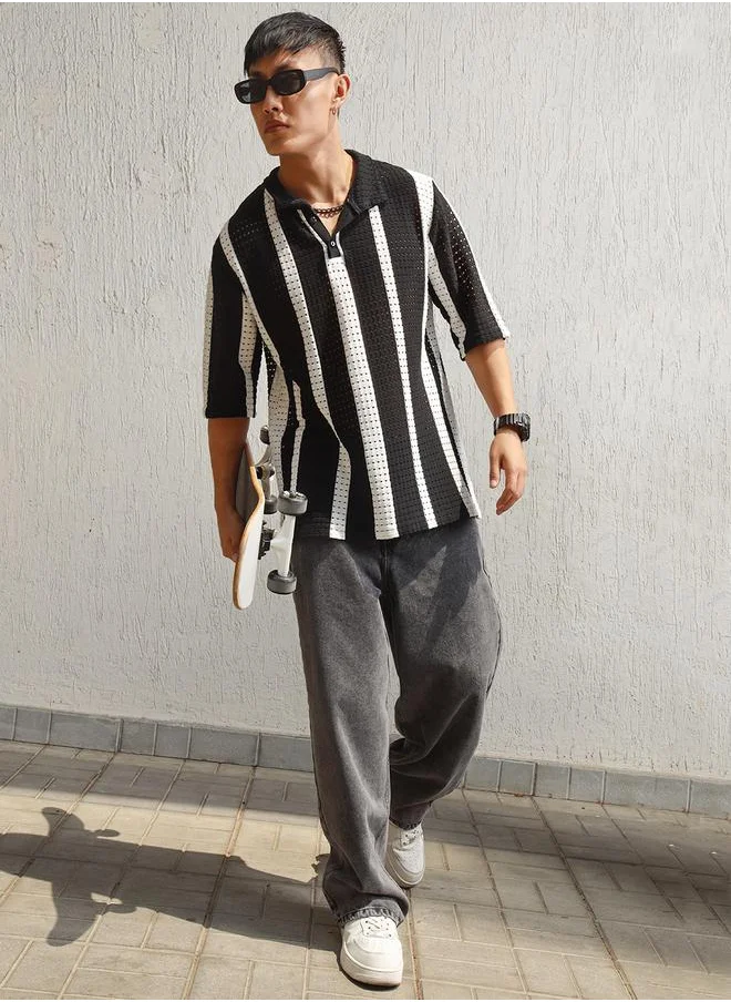 Hubberholme Eyelet Design Striped Knit Polo by Styli
