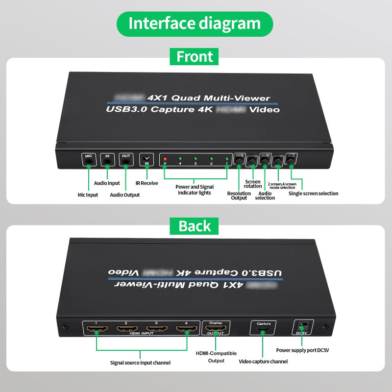 HDMI Switcher: 4-Channel Input Metal Black - 4K30HZ Seamless Switching Video Capture with USB 3.0 for Live Streaming, Game Studios, Security Monitoring - Image 4
