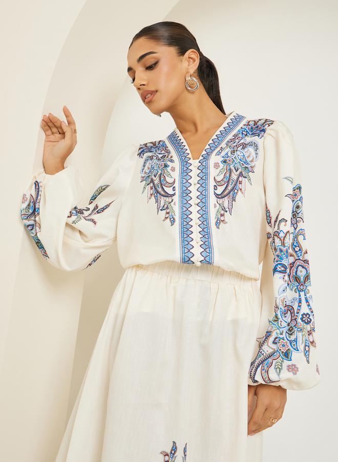 Styli Women Cream Placement Printed Blouse - Image 1