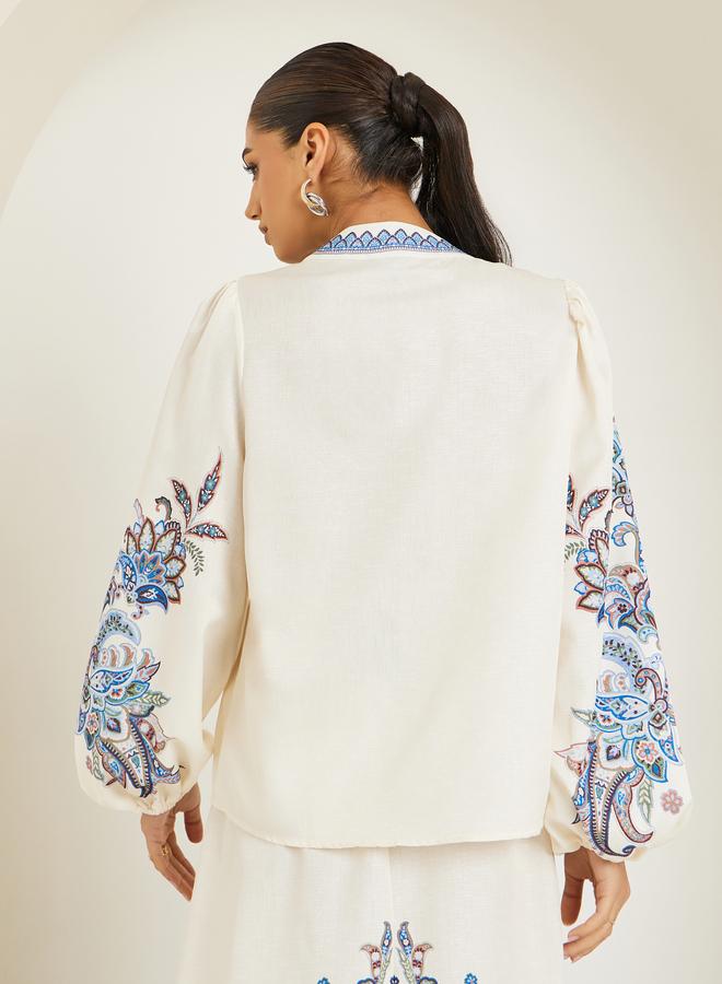 Styli Women Cream Placement Printed Blouse - Image 4