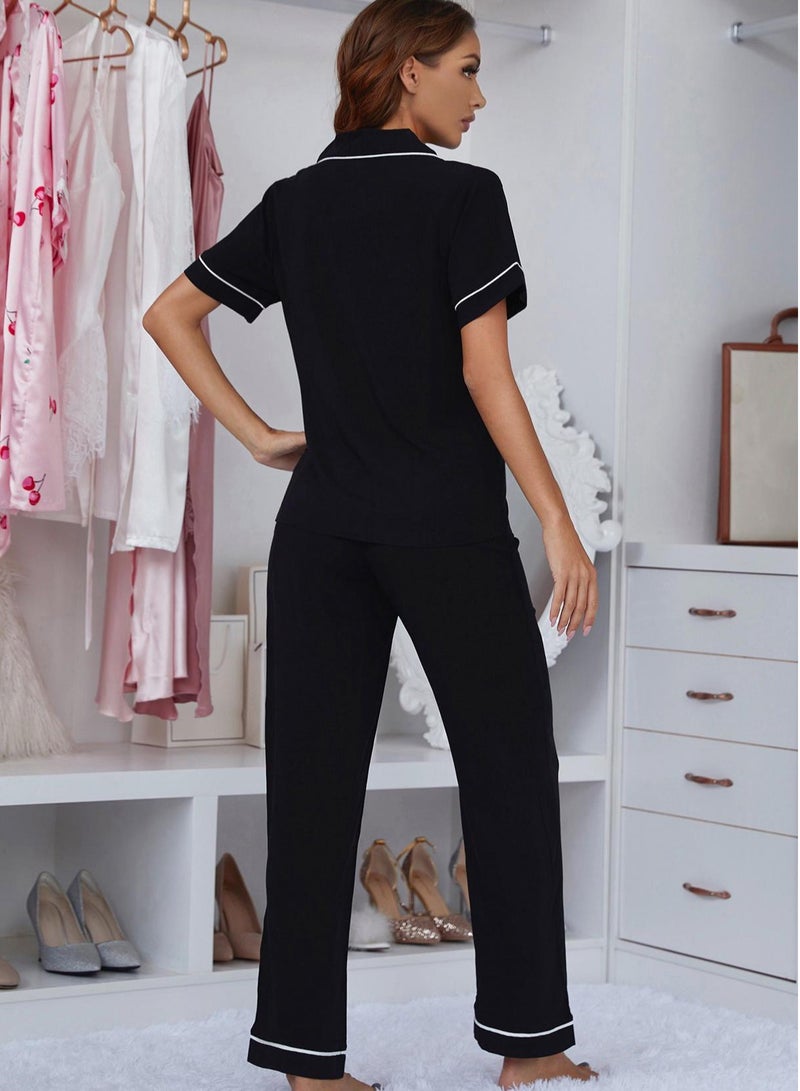 Loquat Women's Loose 2-Piece Set Nightgown Short Sleeve Top And Pants Soft Loungewear Pajamas Suit Black  - Image 3