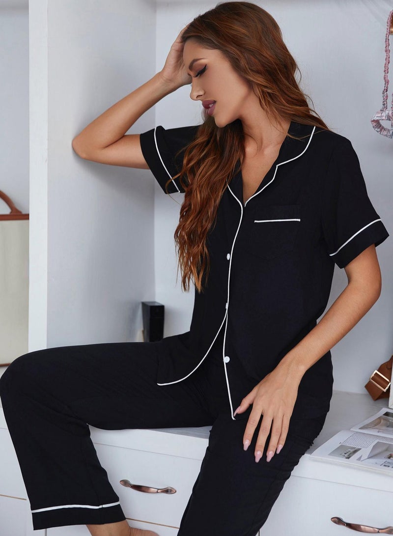 Loquat Women's Loose 2-Piece Set Nightgown Short Sleeve Top And Pants Soft Loungewear Pajamas Suit Black  - Image 2