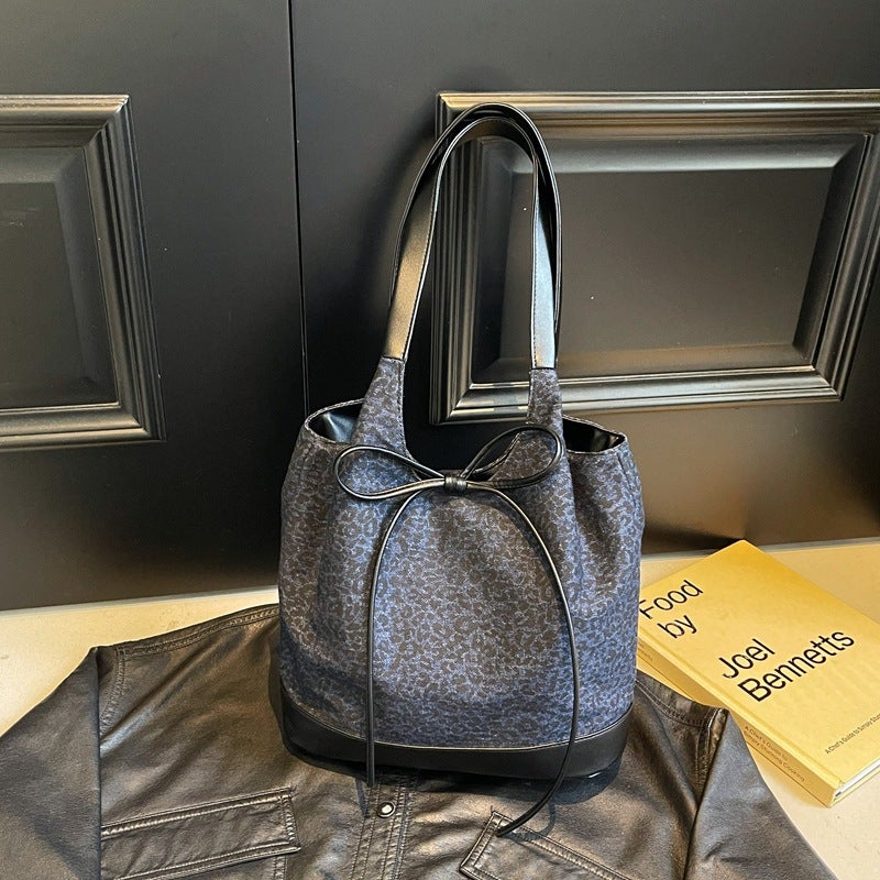Urban Leopard Print Large Capacity Denim Bag Women'S College Style Tote Bag Casual Shoulder Bag Bucket Bag - Image 2