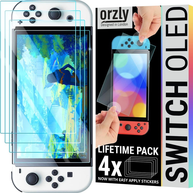 Orzly screen protectors bundle for Nintendo switch OLED console 2021 model - 4 Pack tempered glass with easy installation accessories Lifetime edition - Image 1