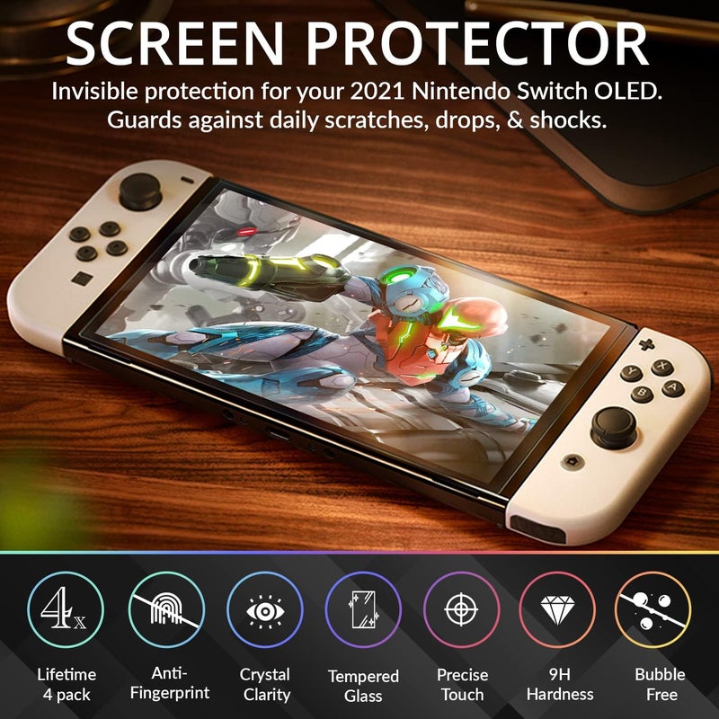 Orzly screen protectors bundle for Nintendo switch OLED console 2021 model - 4 Pack tempered glass with easy installation accessories Lifetime edition - Image 2