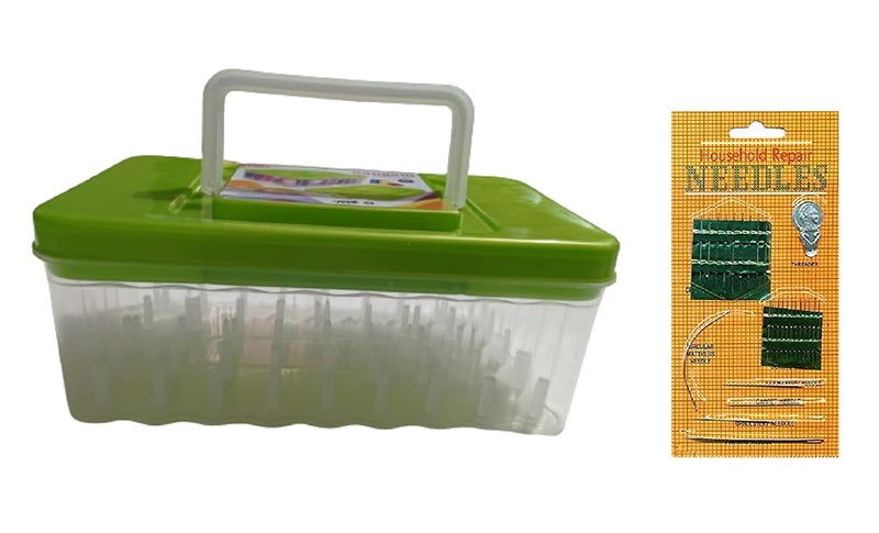 DAIDSUKE Green Fiber Plastic 90 Degree 45 Reels Storage Sewing Supplies Organizer Rectangular Tailoring Accessories Box With 27 Needle Set Free Thread Button Storage Needle Empty Box Big Size 45 Spools Tailor kit Light Green
