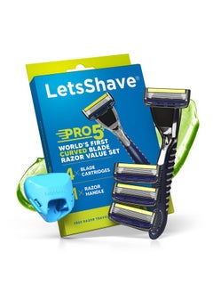 LetsShave Pro 5 Shaving Value Set Razor For Men With 4 Blades & 1 Handle + Razor Cap, World'S First Curved Blade Razor, Face & Head Shaving Kit  - Image 1