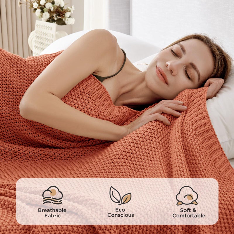 Joydeco كابل Joydeco مكتنزة متماسكة رمي بطانية خفيفة الوزن 100 ٪ من القطن ناعم ناعم دافئ رمي ثنائية بطانية لسرير الأريكة والأريكة ريفي المزرعة هدية بطانية للنساء الرجال (برتقالي محترق 51 "x63" ") - Image 5