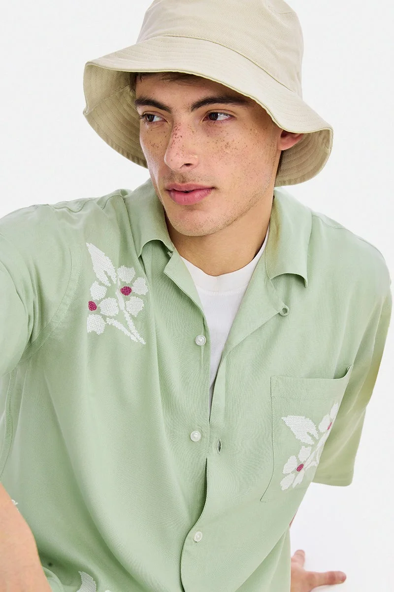 SNITCH Sage Green Floral Half Sleeve Oversized Vacation Shirt