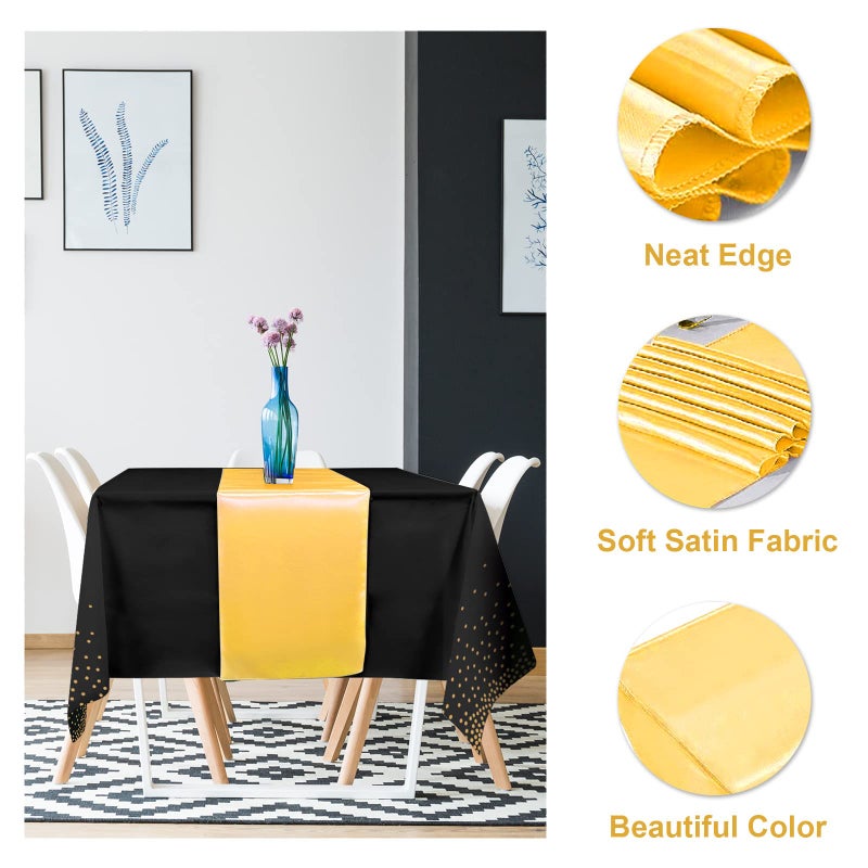 MASHAN 8Pack Disposable Plastic Tablecloths and Satin Table Runner Set Black Gold Dot Table Cloth Gold Satin Table Runner for Graduation Wedding Birthday Baby Shower Anniversary Holiday Party Decorations - Image 3