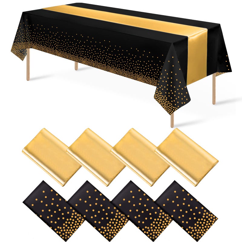 MASHAN 8Pack Disposable Plastic Tablecloths and Satin Table Runner Set Black Gold Dot Table Cloth Gold Satin Table Runner for Graduation Wedding Birthday Baby Shower Anniversary Holiday Party Decorations - Image 1