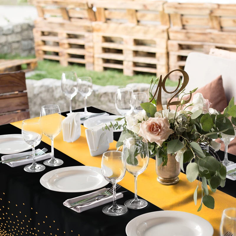 MASHAN 8Pack Disposable Plastic Tablecloths and Satin Table Runner Set Black Gold Dot Table Cloth Gold Satin Table Runner for Graduation Wedding Birthday Baby Shower Anniversary Holiday Party Decorations - Image 5