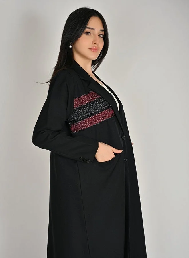 Hawraa Abaya Black Blazer-Style Abaya with Traditional-Inspired Embroidery