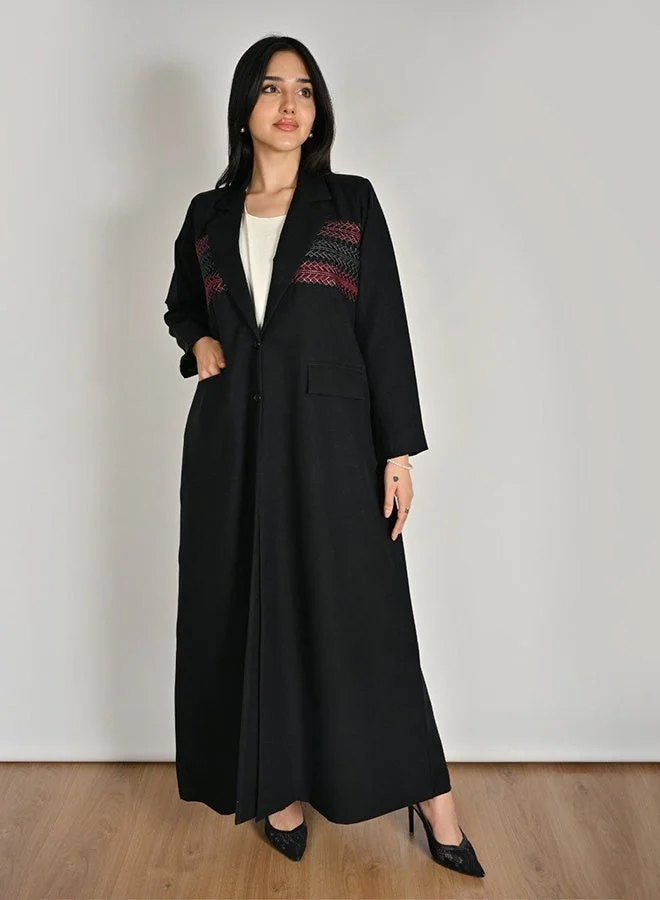 Hawraa Abaya Black Blazer-Style Abaya with Traditional-Inspired Embroidery