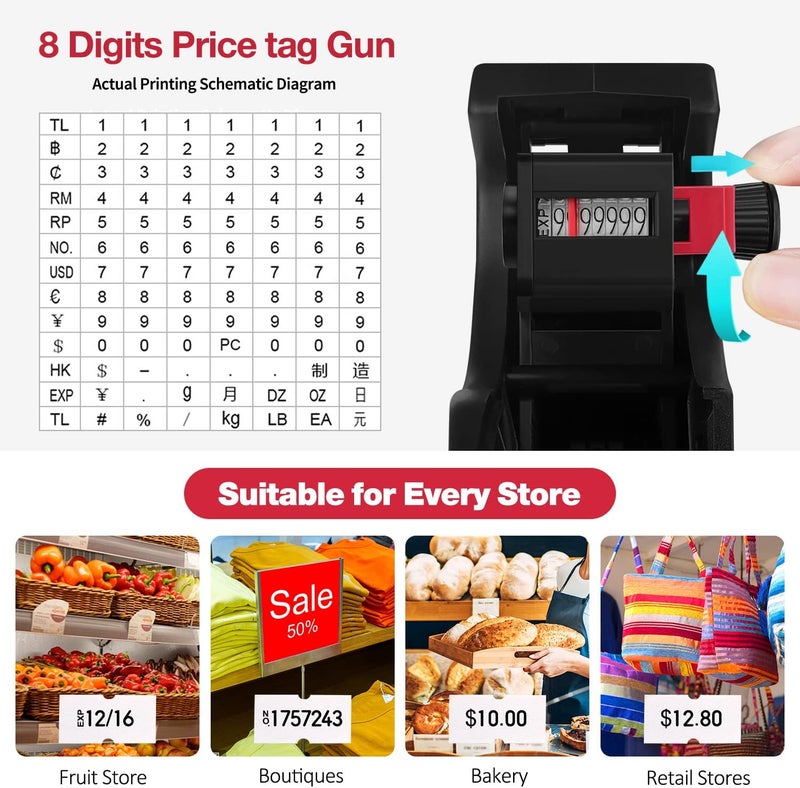 Hatisan 8 Digits Pricing Gun Price Tag Gun,Price Gun with Labels with 3 Ink Refill Label Gun Pricing Guns and 10 Roll Label Paper for Office Retail Shop Grocery Store Organization Marking(Black) - Image 2