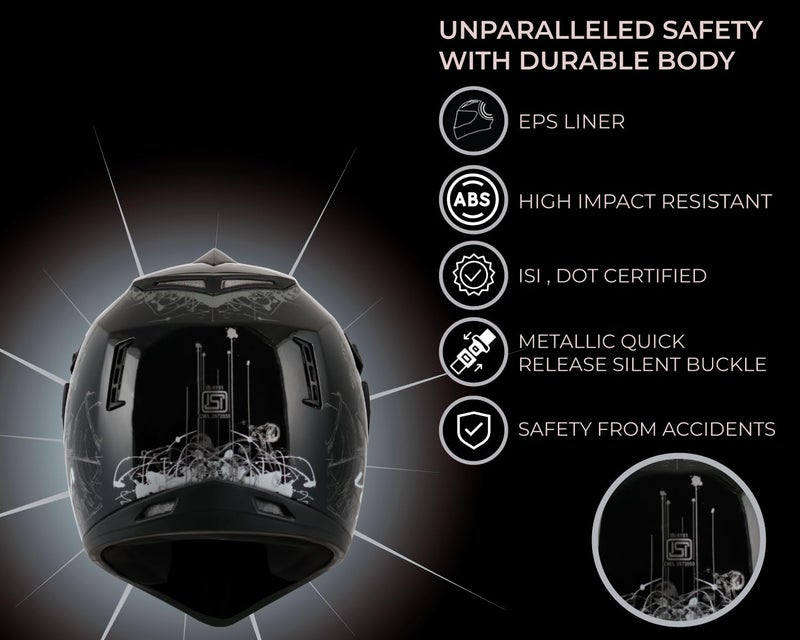Vega Off Road Sketch ISI Certified Gloss Finish Full Face Dual Visor with Peak Helmet for Men and Women Outer Clear Visor and Inner Smoke Sun Visor(Black Silver, Size:L) - Image 5