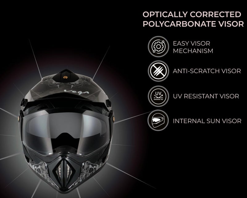 Vega Off Road Sketch ISI Certified Gloss Finish Full Face Dual Visor with Peak Helmet for Men and Women Outer Clear Visor and Inner Smoke Sun Visor(Black Silver, Size:L) - Image 3