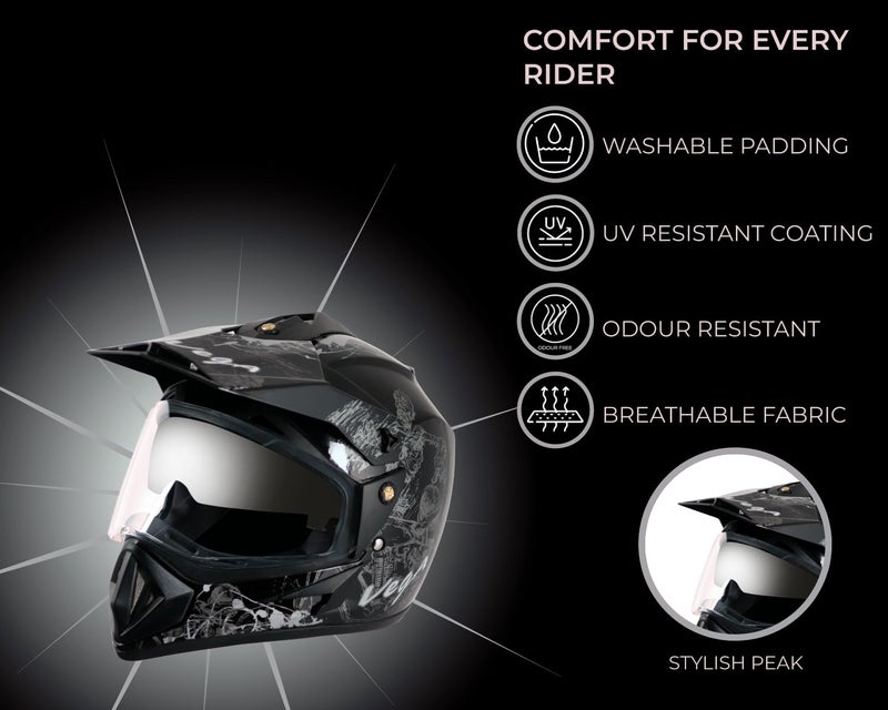 Vega Off Road Sketch ISI Certified Gloss Finish Full Face Dual Visor with Peak Helmet for Men and Women Outer Clear Visor and Inner Smoke Sun Visor(Black Silver, Size:L) - Image 4