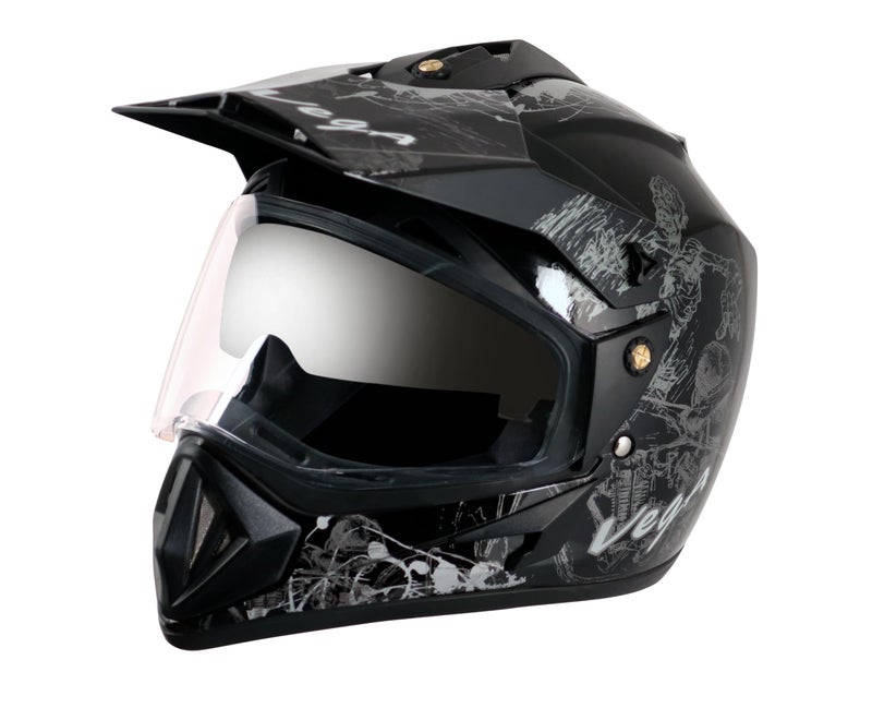 Vega Off Road Sketch ISI Certified Gloss Finish Full Face Dual Visor with Peak Helmet for Men and Women Outer Clear Visor and Inner Smoke Sun Visor(Black Silver, Size:L) - Image 2