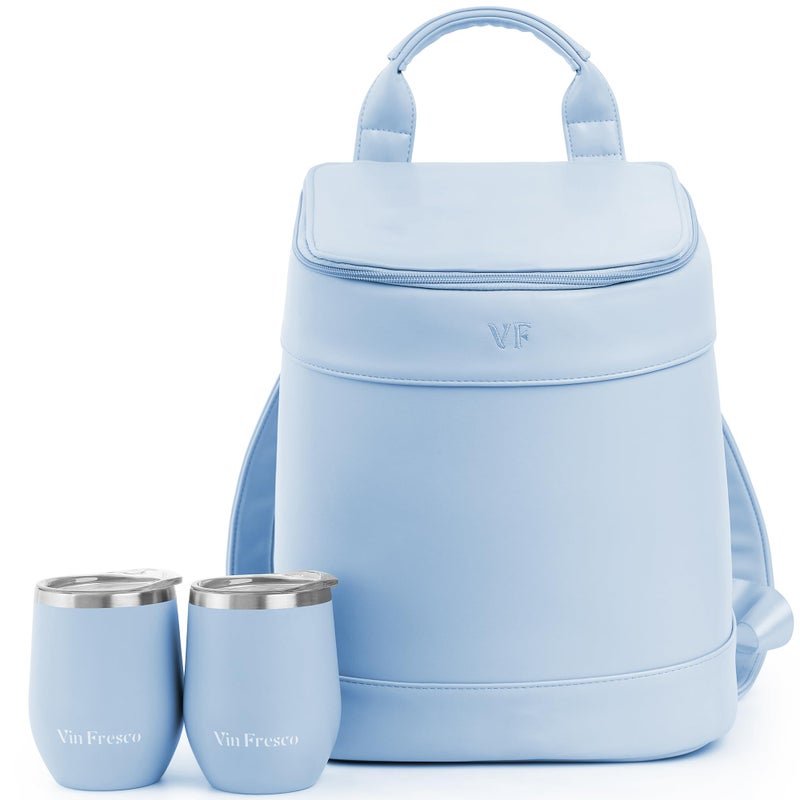 VIN FRESCO Insulated Cooler Backpack with 2 Stainless Steel Wine Tumblers â€“ Leakproof & Spillproof Stylish Vegan Leather Picnic Cooler Bag â€“ Lightweight & Portable â€“ Holds 24 Cans or 6 Wine Bottles (Blue) - Image 1