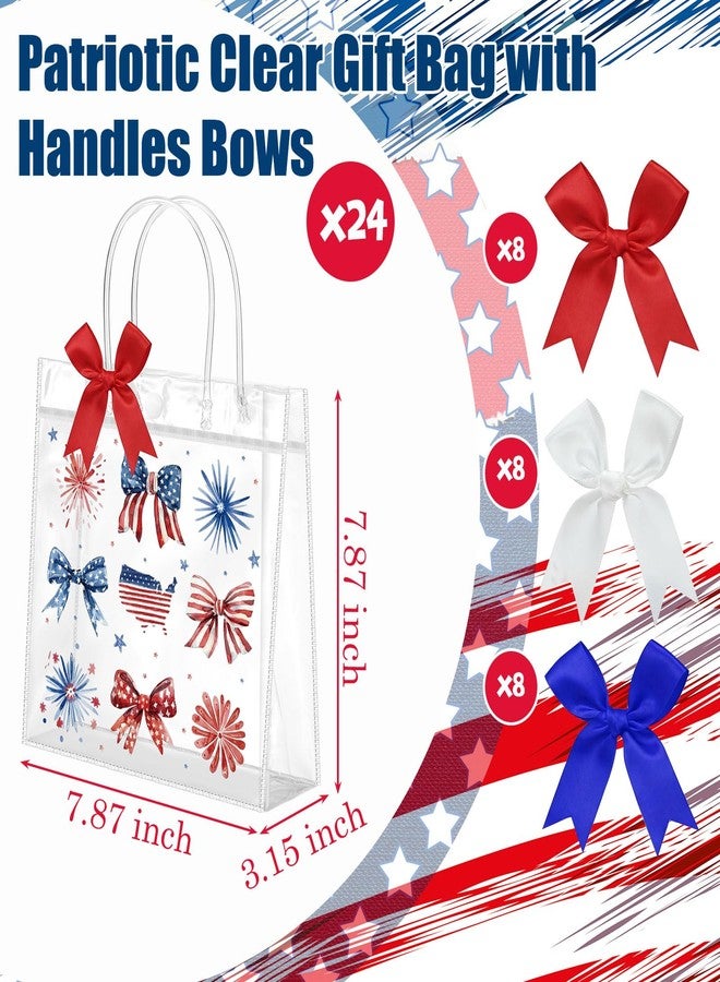 Tinlade 24 Set 4th of July Gift Bags with Bow Red White and Blue Clear Plastic Bag with Handle Fireworks Bow American Flag Treat Goodie Bags for 250th Anniversary Patriotic Party Supplies - Image 3