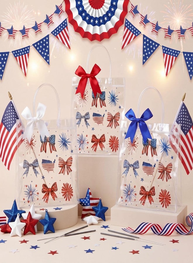 Tinlade 24 Set 4th of July Gift Bags with Bow Red White and Blue Clear Plastic Bag with Handle Fireworks Bow American Flag Treat Goodie Bags for 250th Anniversary Patriotic Party Supplies - Image 2