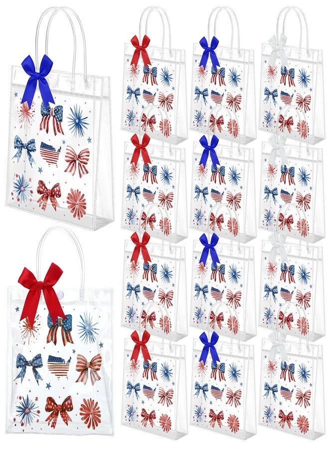 Tinlade 24 Set 4th of July Gift Bags with Bow Red White and Blue Clear Plastic Bag with Handle Fireworks Bow American Flag Treat Goodie Bags for 250th Anniversary Patriotic Party Supplies - Image 1