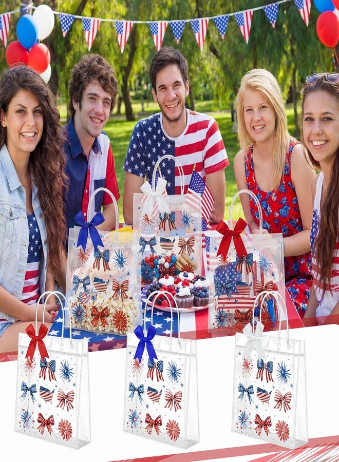 Tinlade 24 Set 4th of July Gift Bags with Bow Red White and Blue Clear Plastic Bag with Handle Fireworks Bow American Flag Treat Goodie Bags for 250th Anniversary Patriotic Party Supplies - Image 4