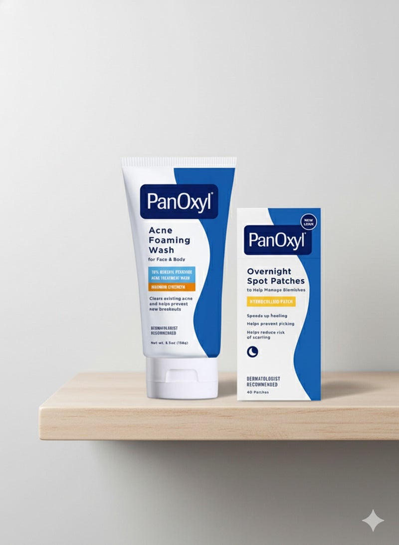 PanOxyl غسول رغوي لحب الشباب، بيروكسيد 10% قوة قصوى 5.5 أونصة + لاصقات موضعية ليلية، لاصقة هيدروكولويد 40 قطعة قد يختلف التعبئة - Image 1