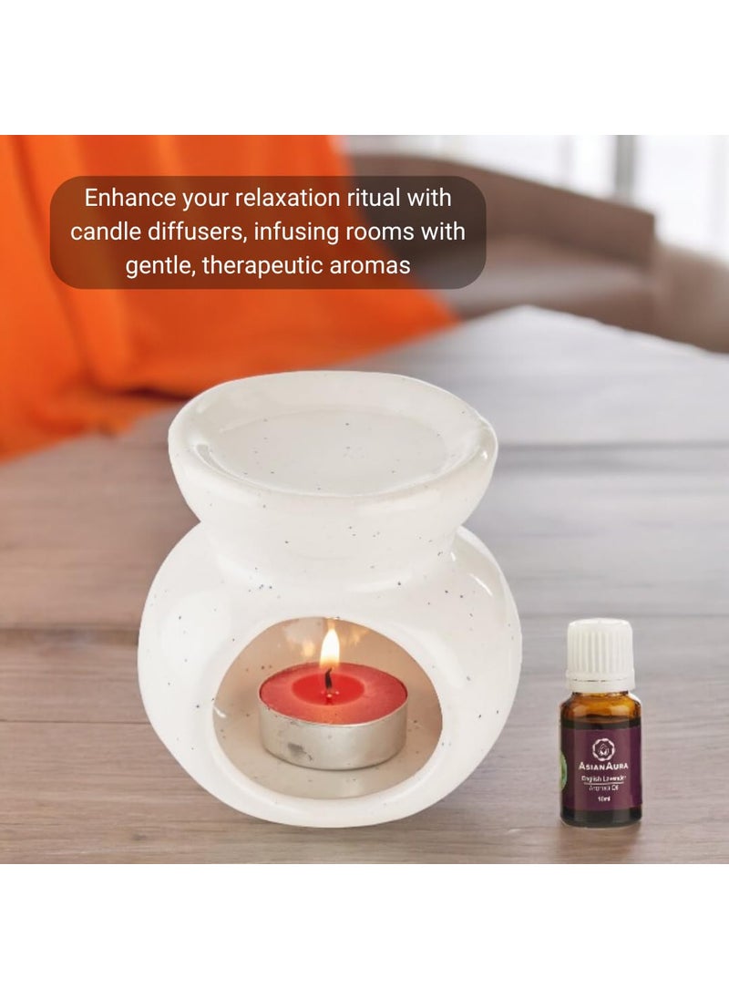 ASIAN AURA Asian Aura Ceramic Aroma Oil Burner Tea Light Candle Diffuser Oil Warmer for Home Fragrance with 2 Tea Light Candles and 1 Aroma Oil Rosy Romance10ml White Diffuser  - Image 3