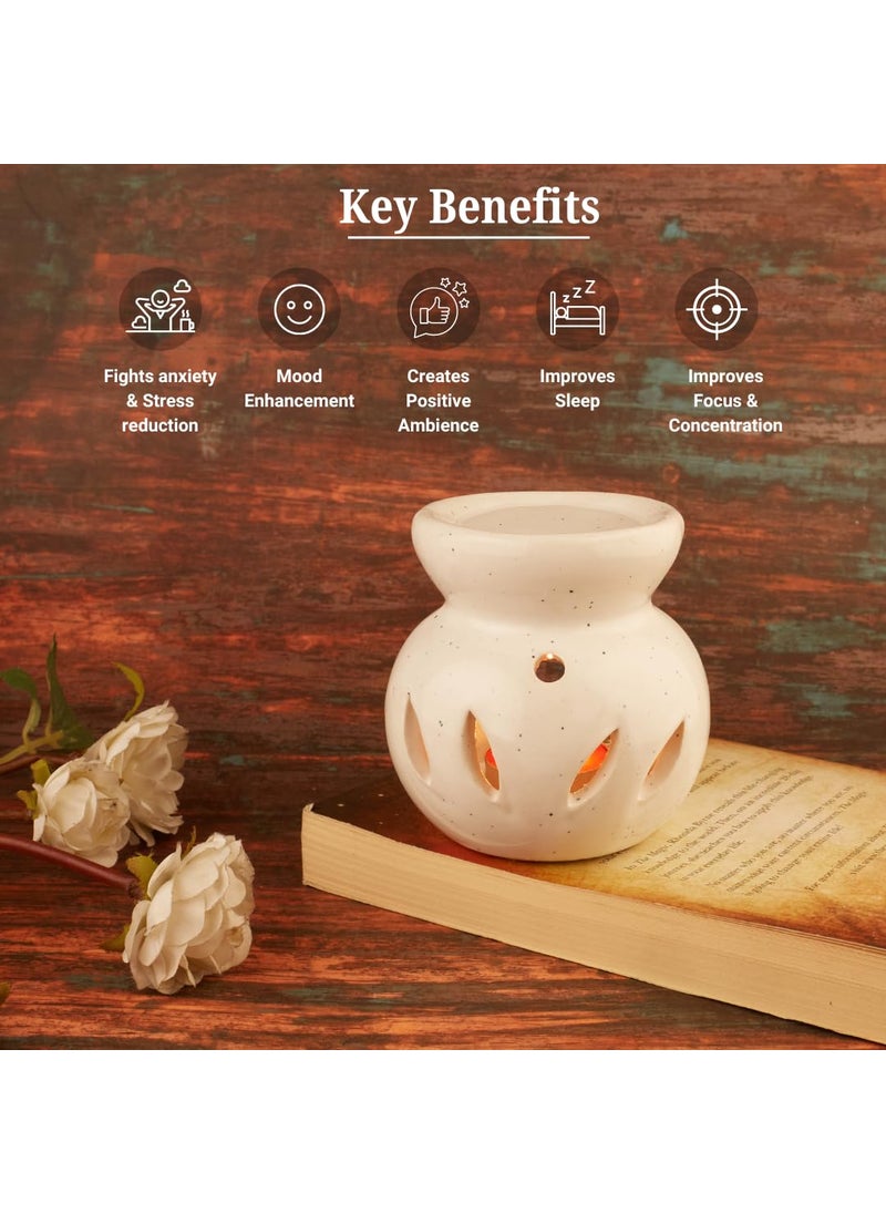ASIAN AURA Asian Aura Ceramic Aroma Oil Burner Tea Light Candle Diffuser Oil Warmer for Home Fragrance with 2 Tea Light Candles and 1 Aroma Oil Rosy Romance10ml White Diffuser  - Image 2