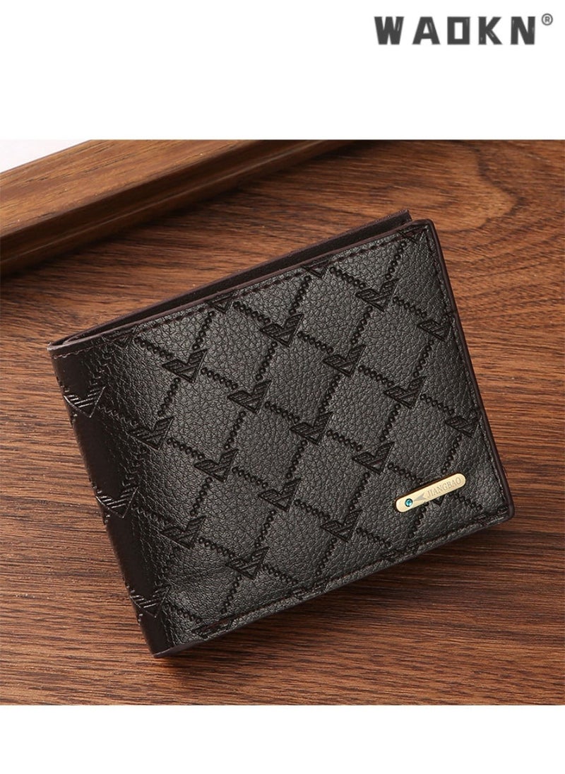 WAOKN Exclusive fashionable short wallet for young men, trendy plaid design, large capacity multi-card slot horizontal soft leather wallet, simple yet stylish, showcasing individual charm - Image 1