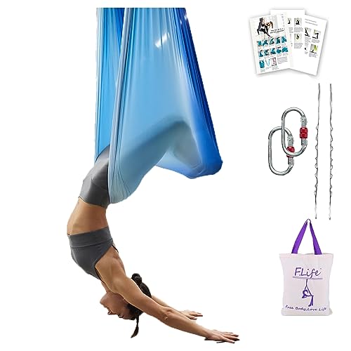 Flife F.Life Aerial Yoga Hammock 6.5 yards Premium Aerial Silk Fabric Yoga Swing for Antigravity Inversion Include Daisy Chain,Carabiner and Pose Guide (Blue Omber) - Image 1